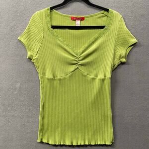 Vtg Y2K 00s Babydoll Jersey Knit Ruched Lace V Neck Lettuce Hem Top 1X LimeGreen
